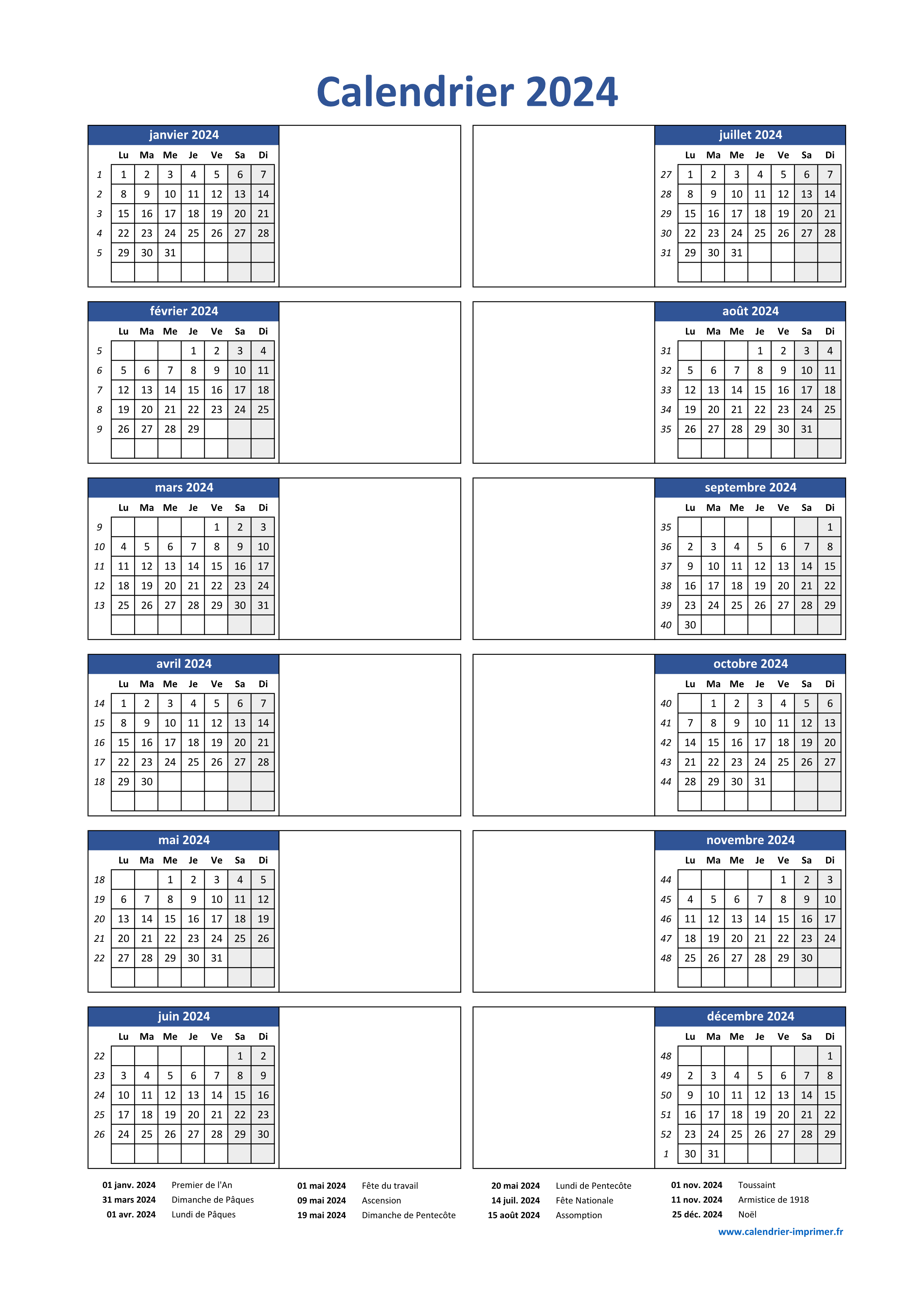 Calendrier 2024 à imprimer - Agenda 2024 gratuit - Planitica