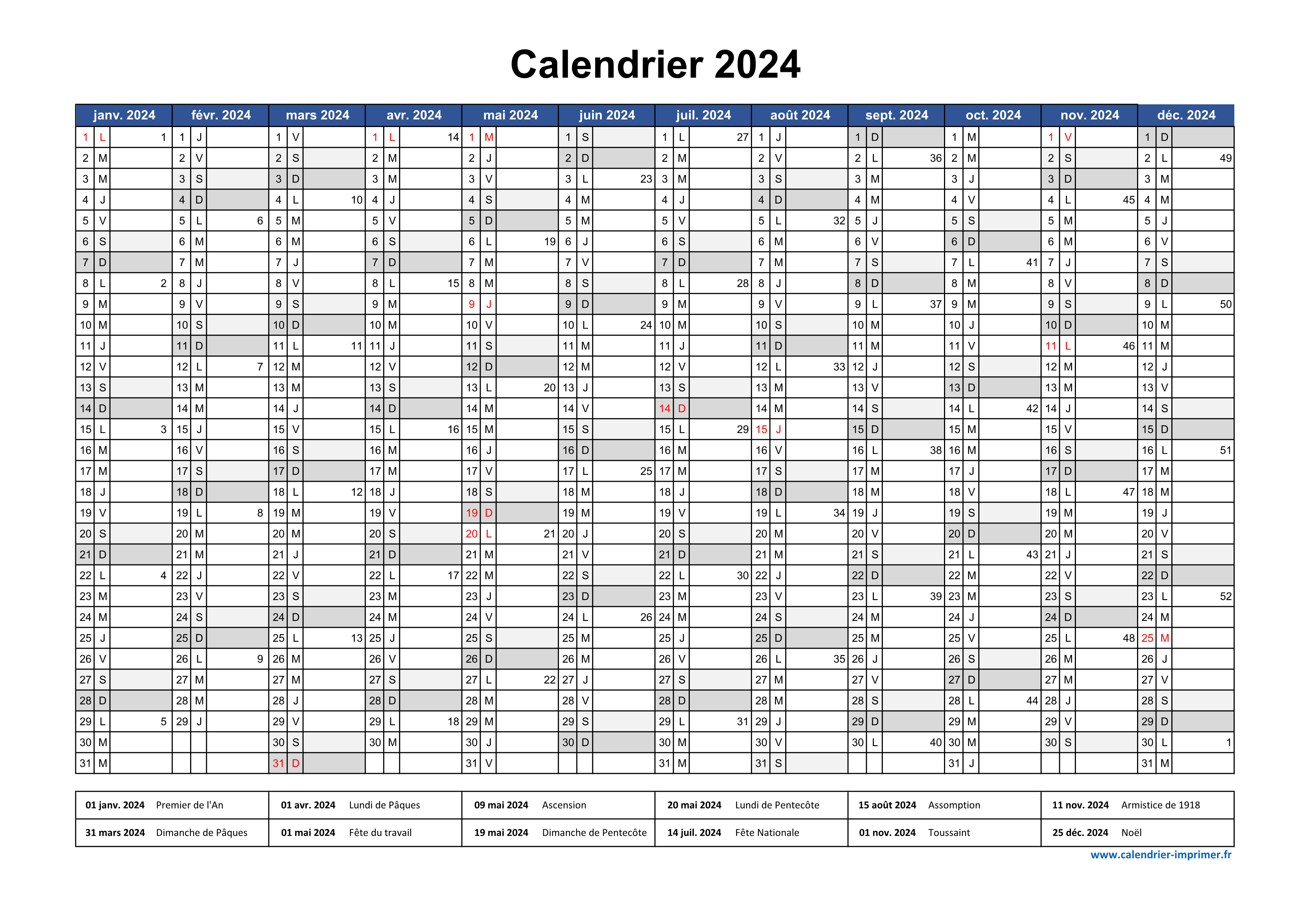 Calendrier 2024 à imprimer annuel avec les fêtes et les vacances scolaires