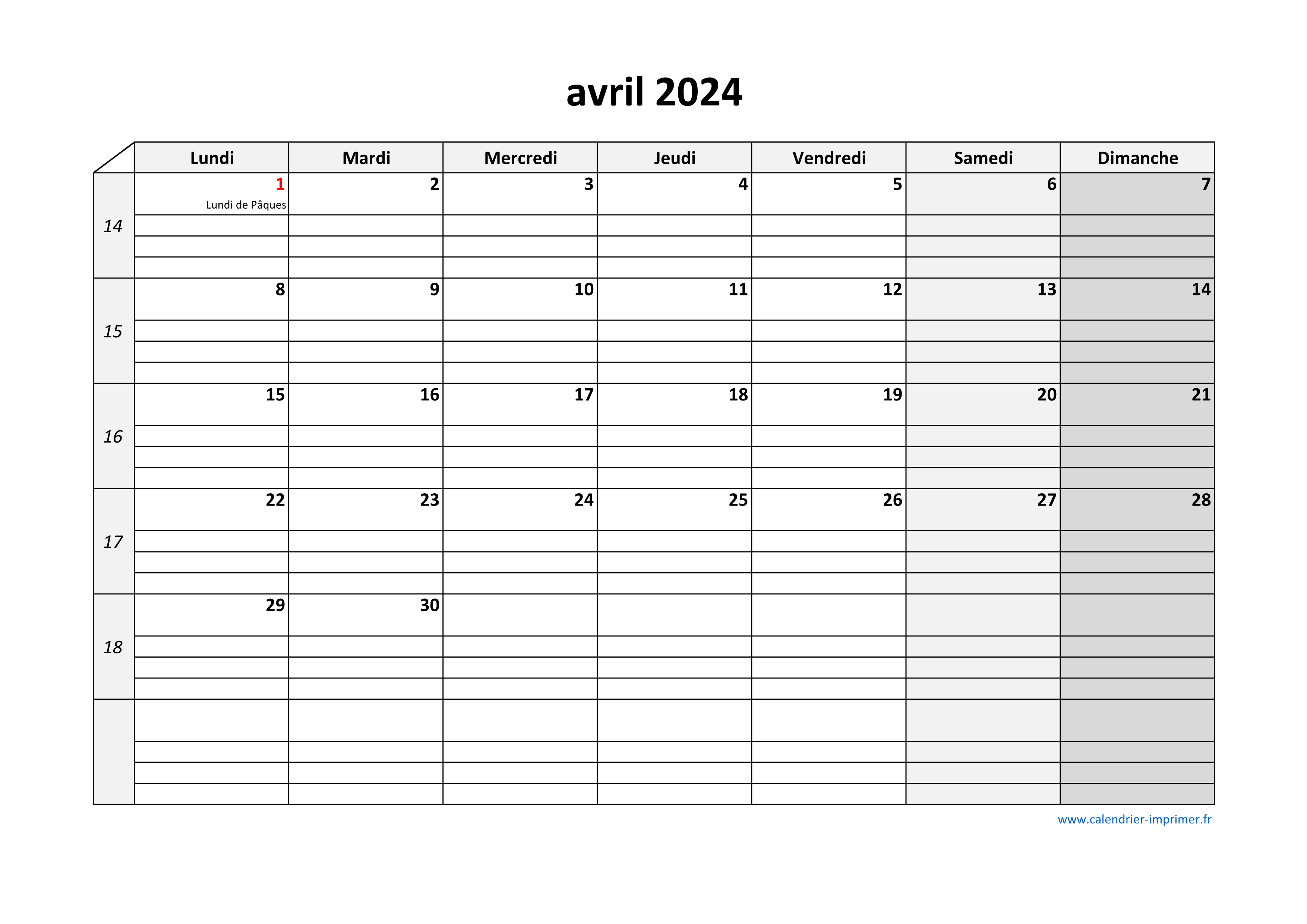 Calendrier Avril 2024 à imprimer