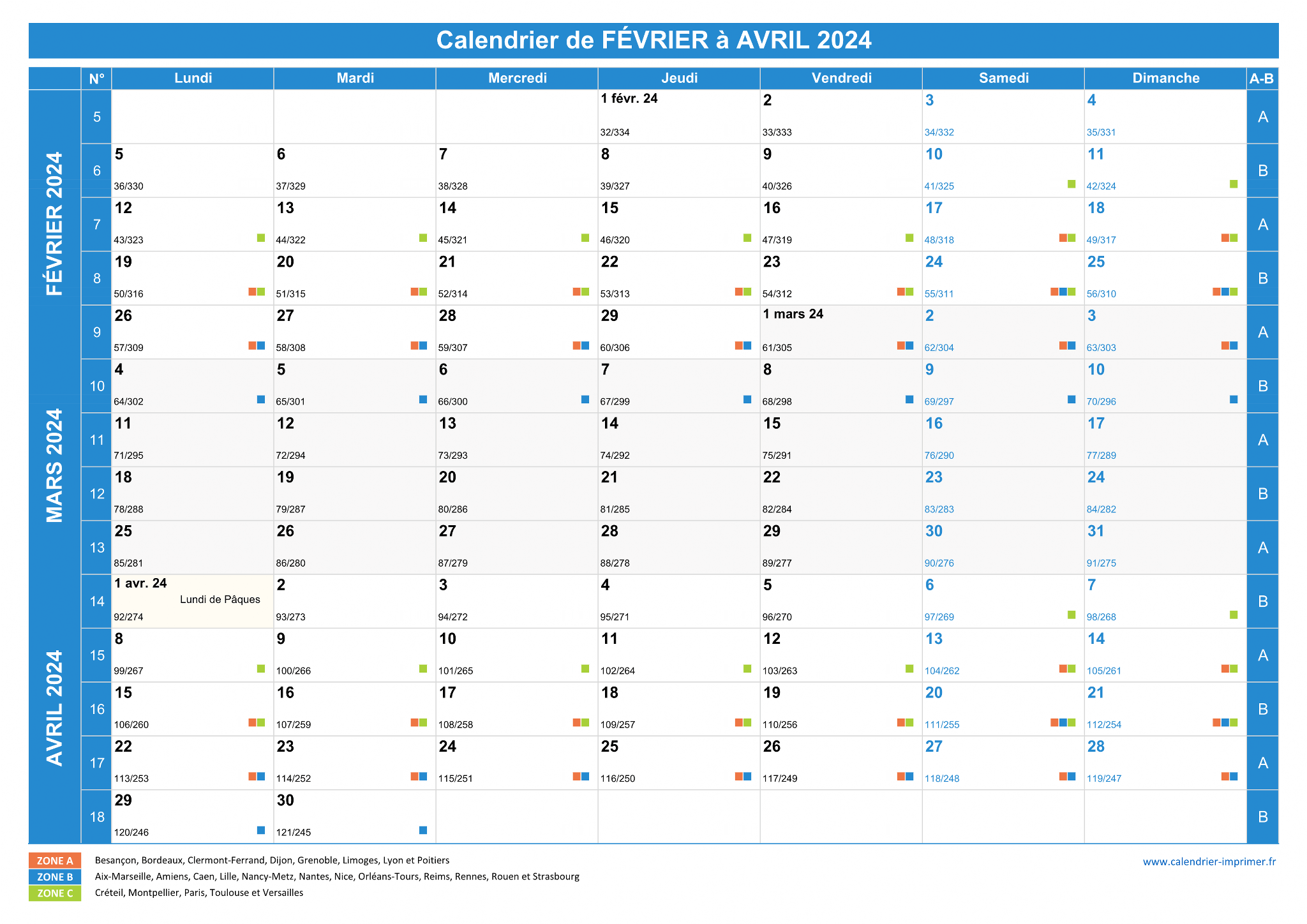 Calendrier Février à Avril 2024