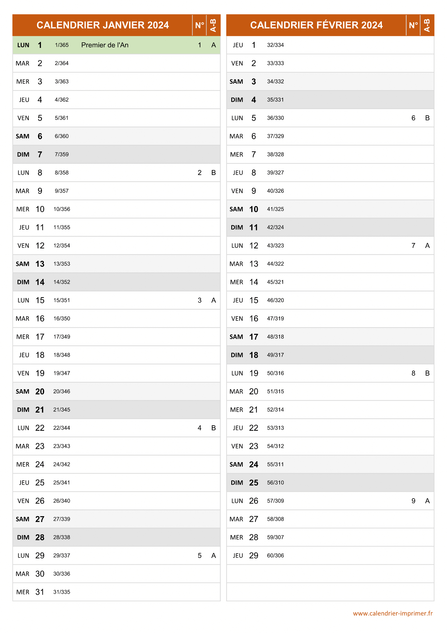 CALENDRIER 2024 JANVIER ET FEVRIER