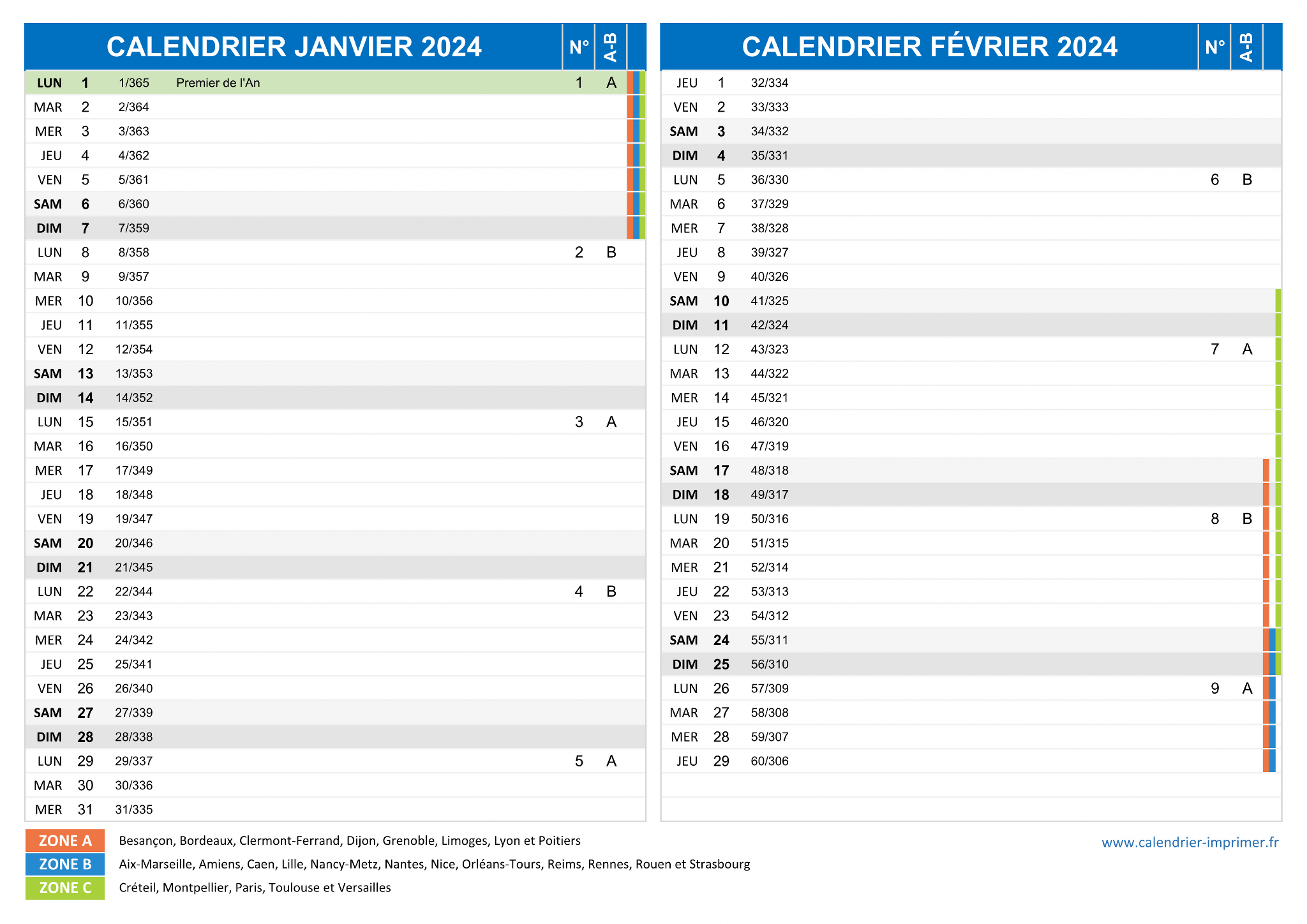 CALENDRIER 2024 JANVIER ET FEVRIER