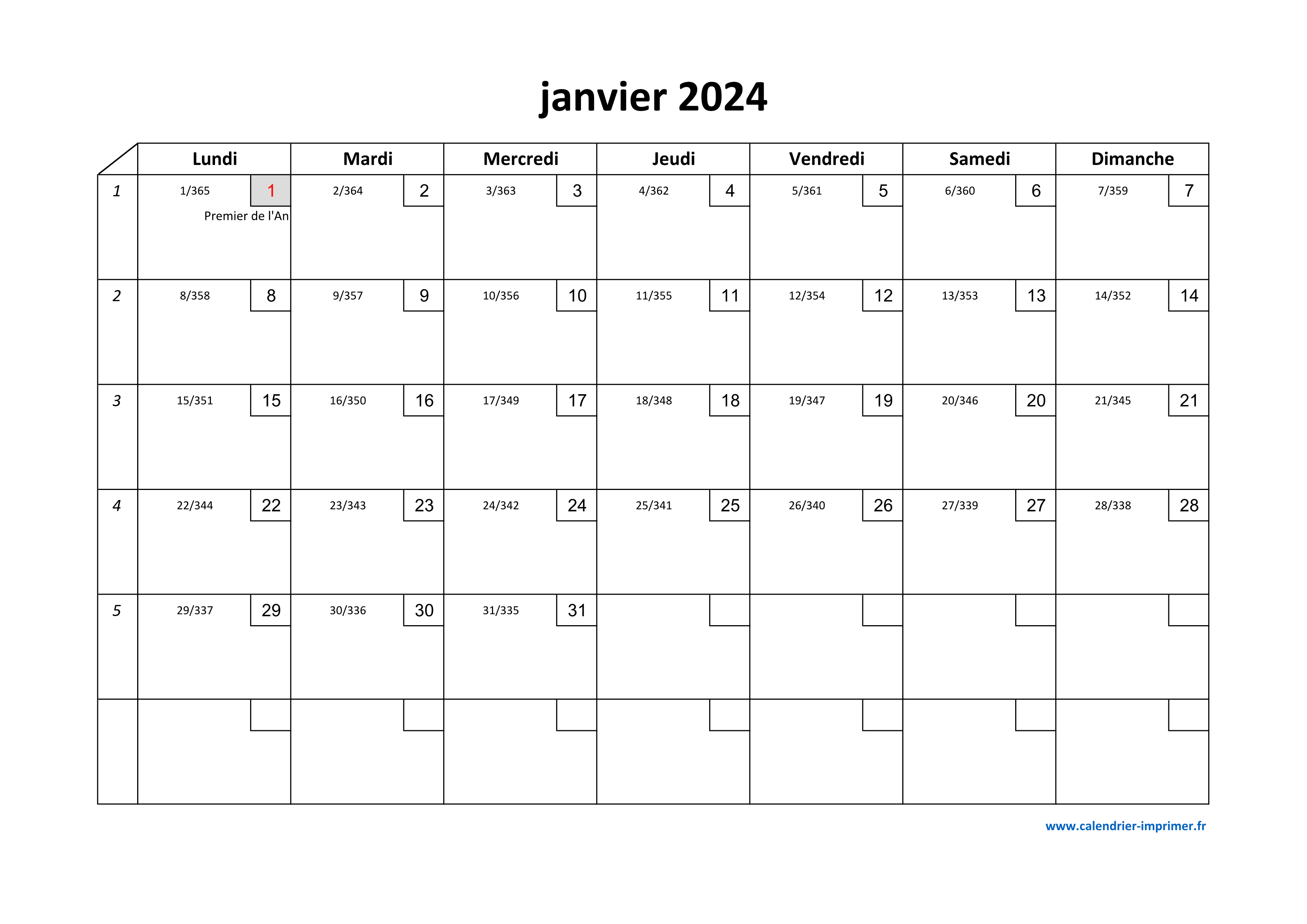 Calendriers et agendas imprimables pour le mois Janvier 2024 A4