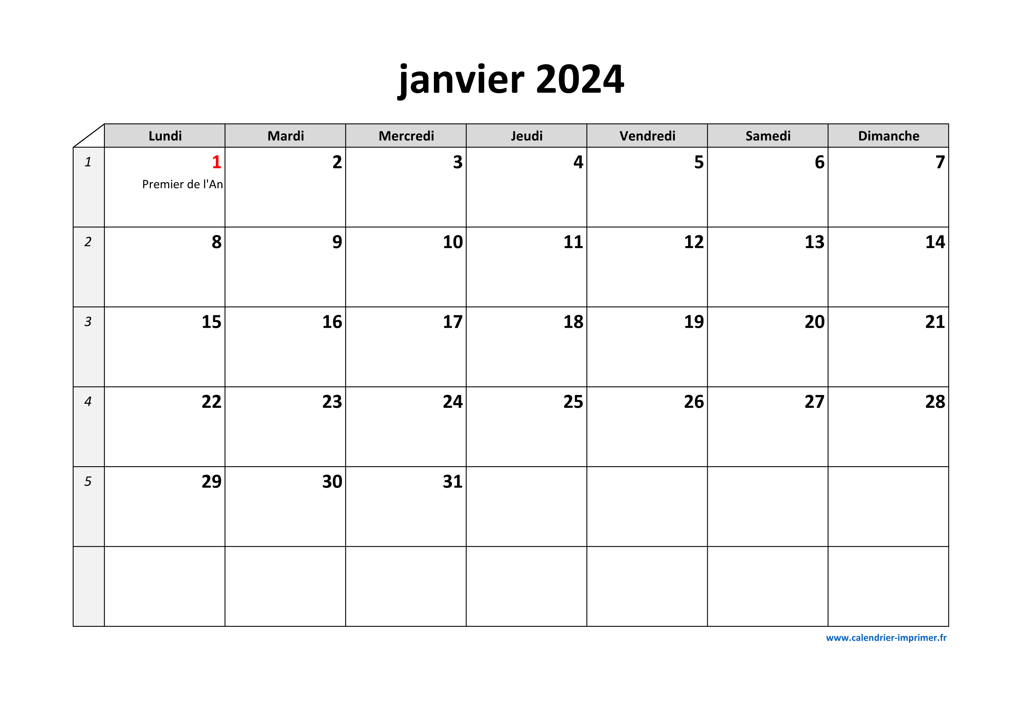 Calendrier Janvier 2024 à imprimer