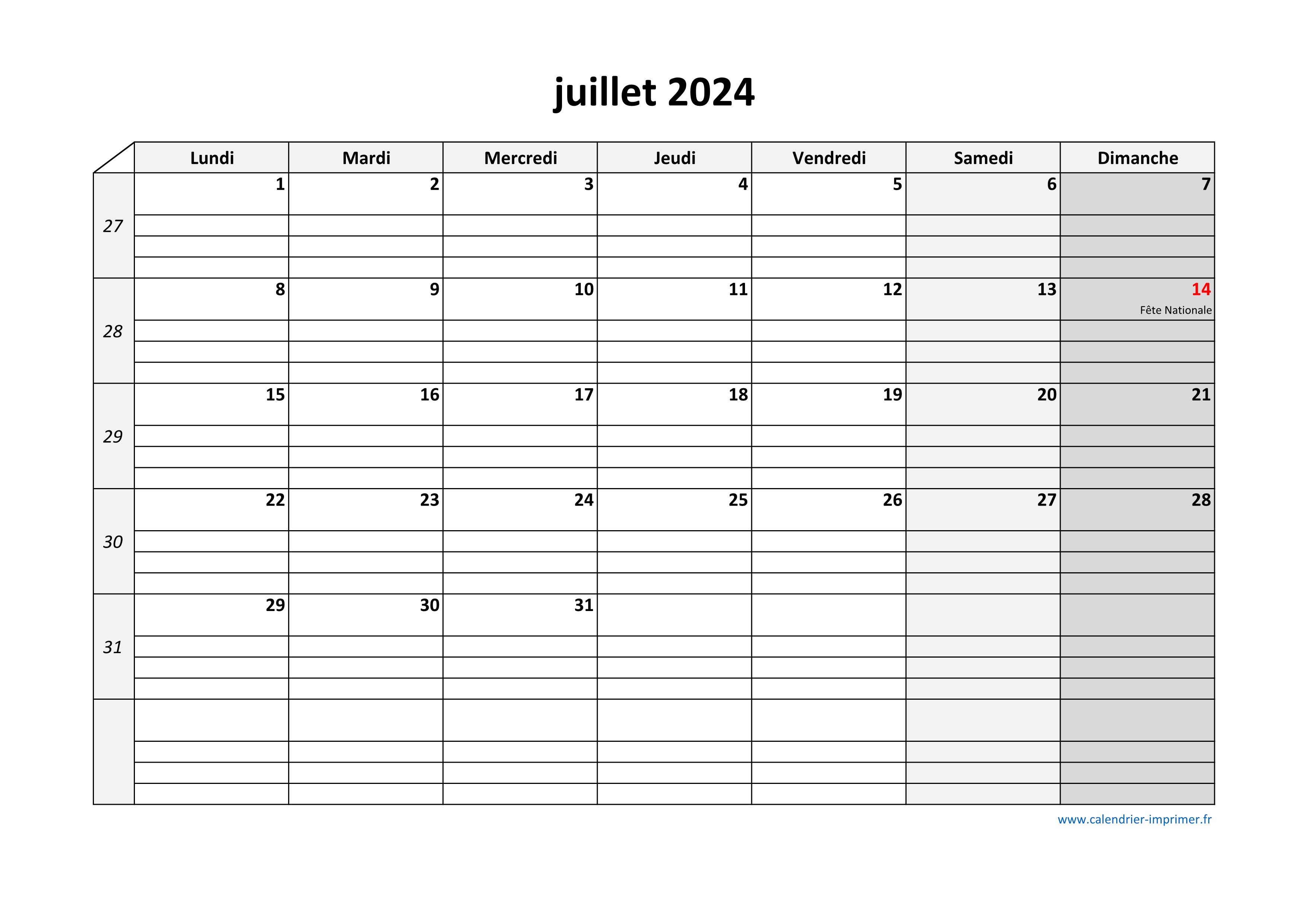 Calendrier Juillet 2024 à consulter ou imprimer 