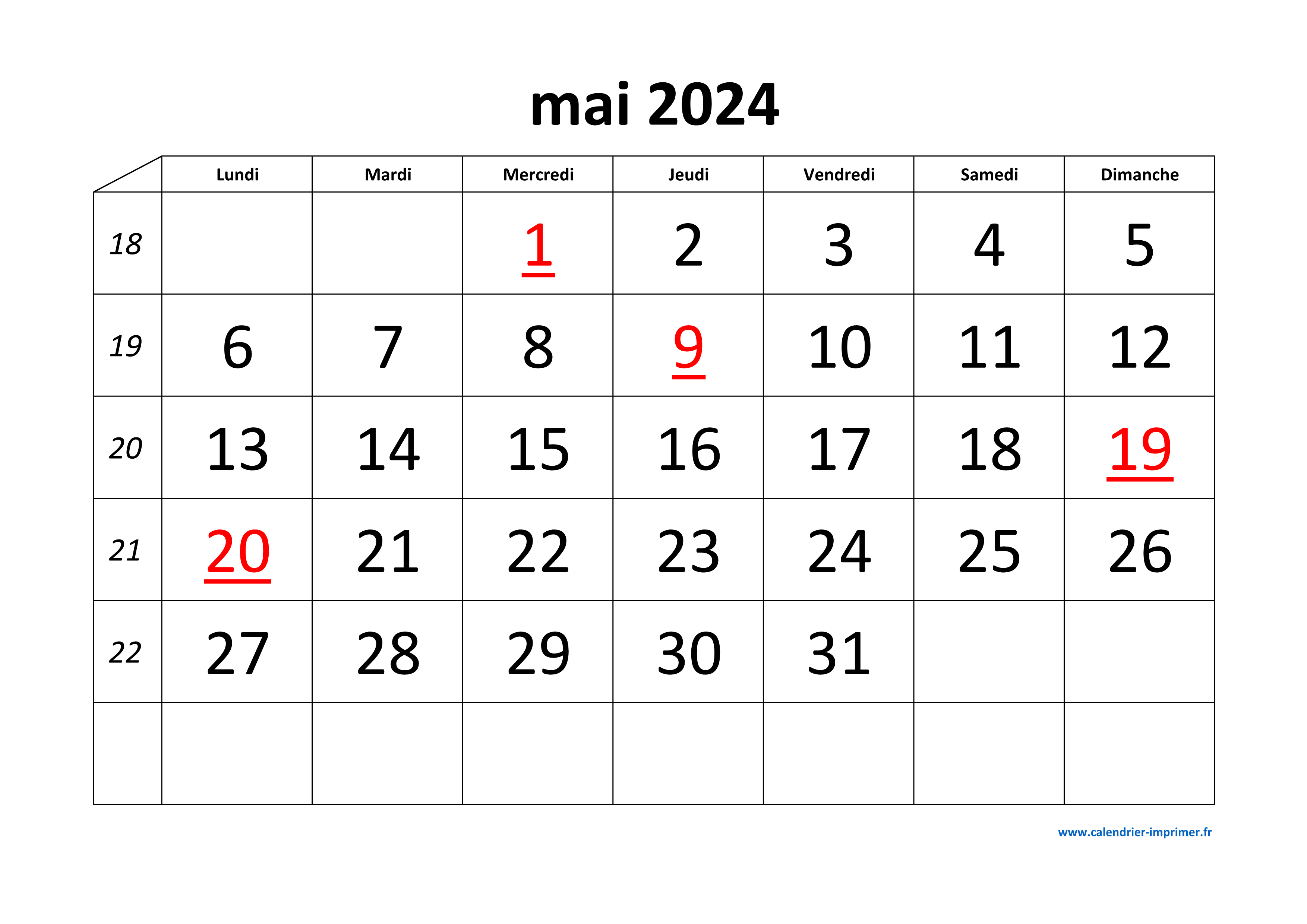 Calendrier Mai 2024 à consulter ou imprimer 
