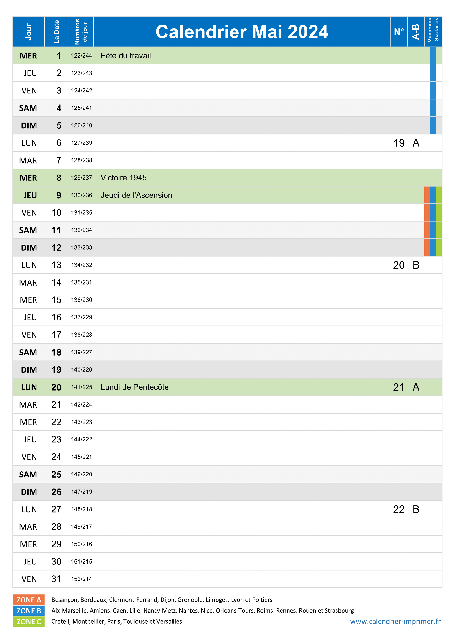 Calendrier Mai 2024 à consulter ou imprimer 