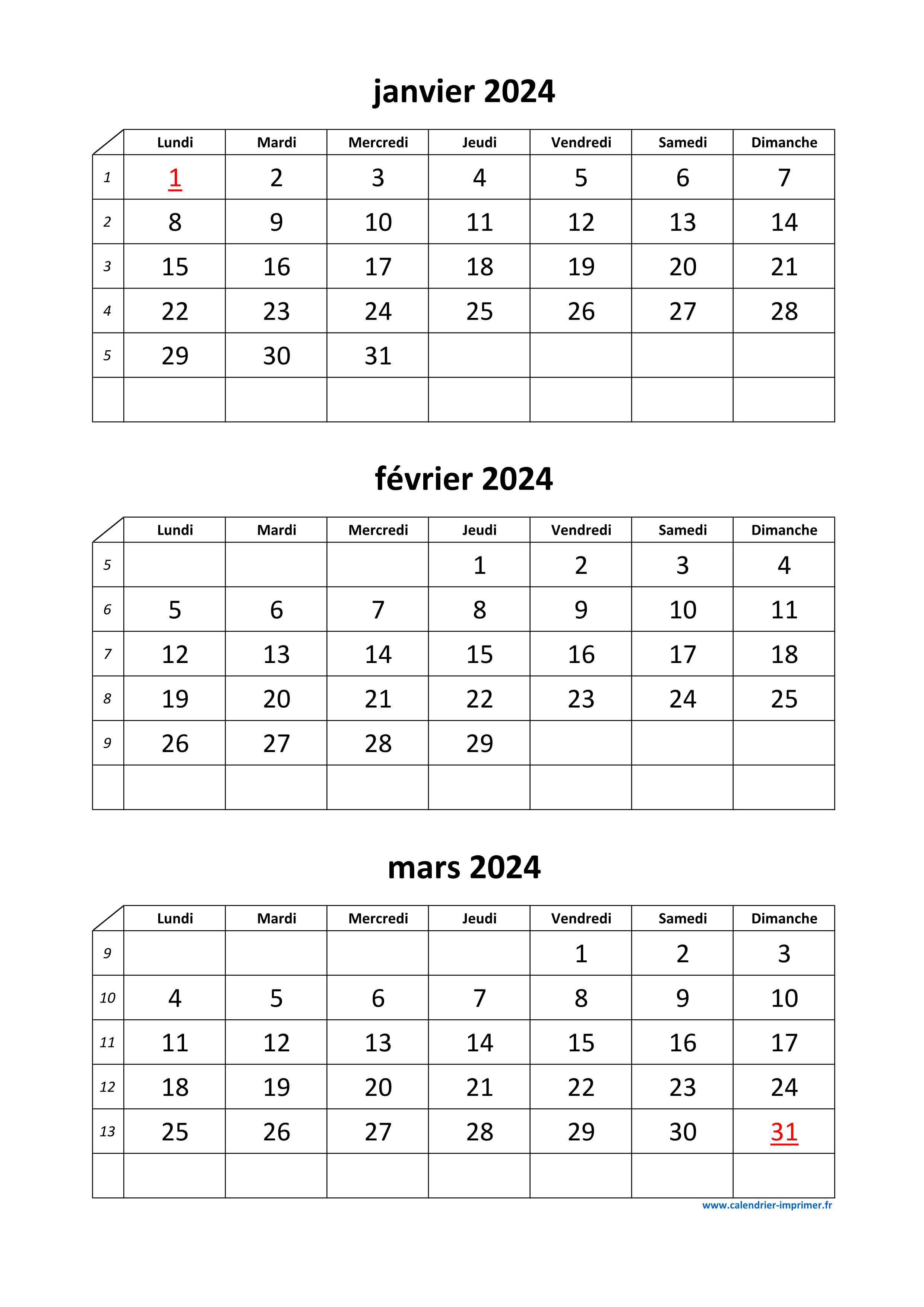 Calendriers et agendas imprimables pour le mois Janvier 2024 A4