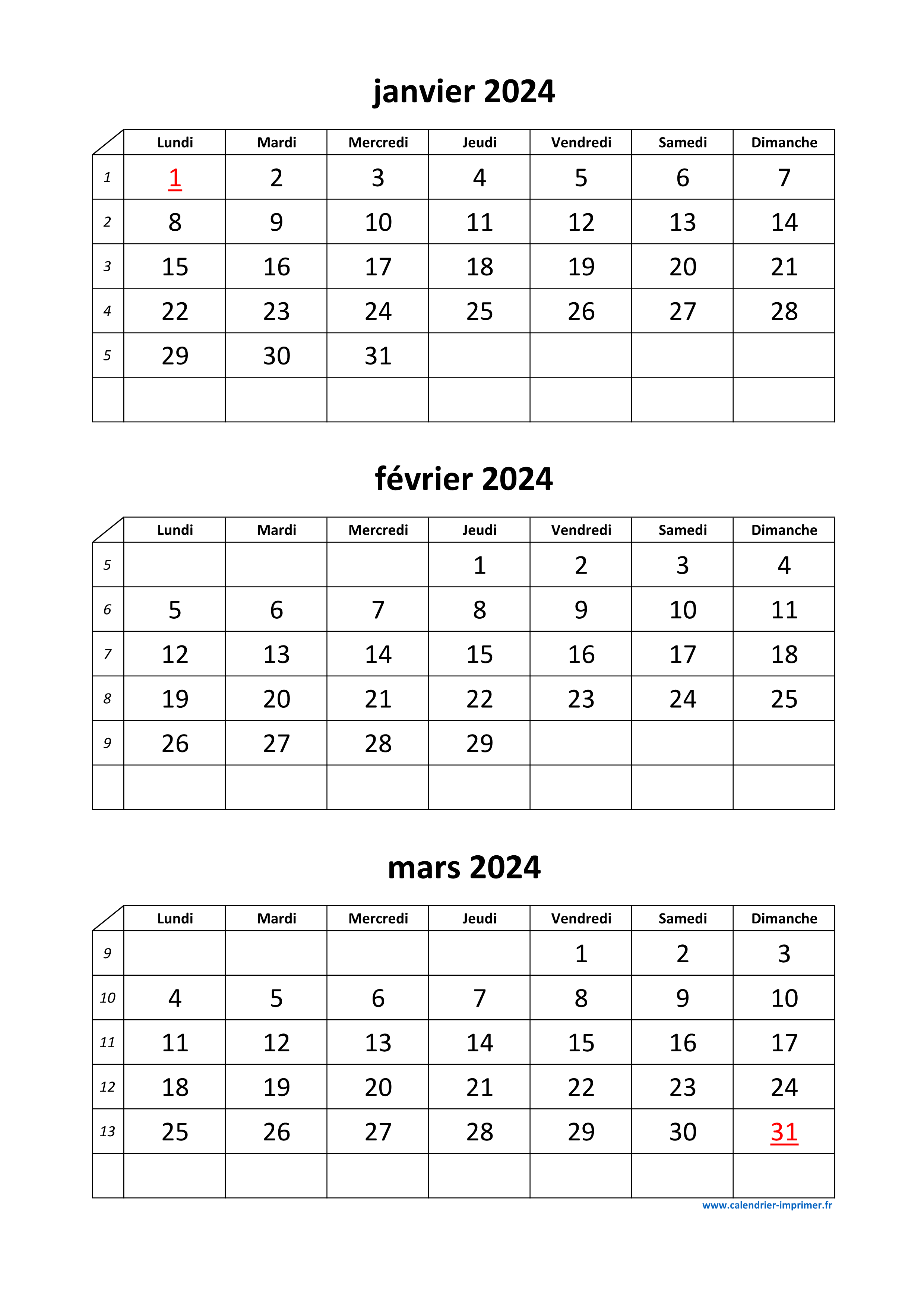 Calendrier semestriel 2024 à imprimer pour le 1er et le 2ème