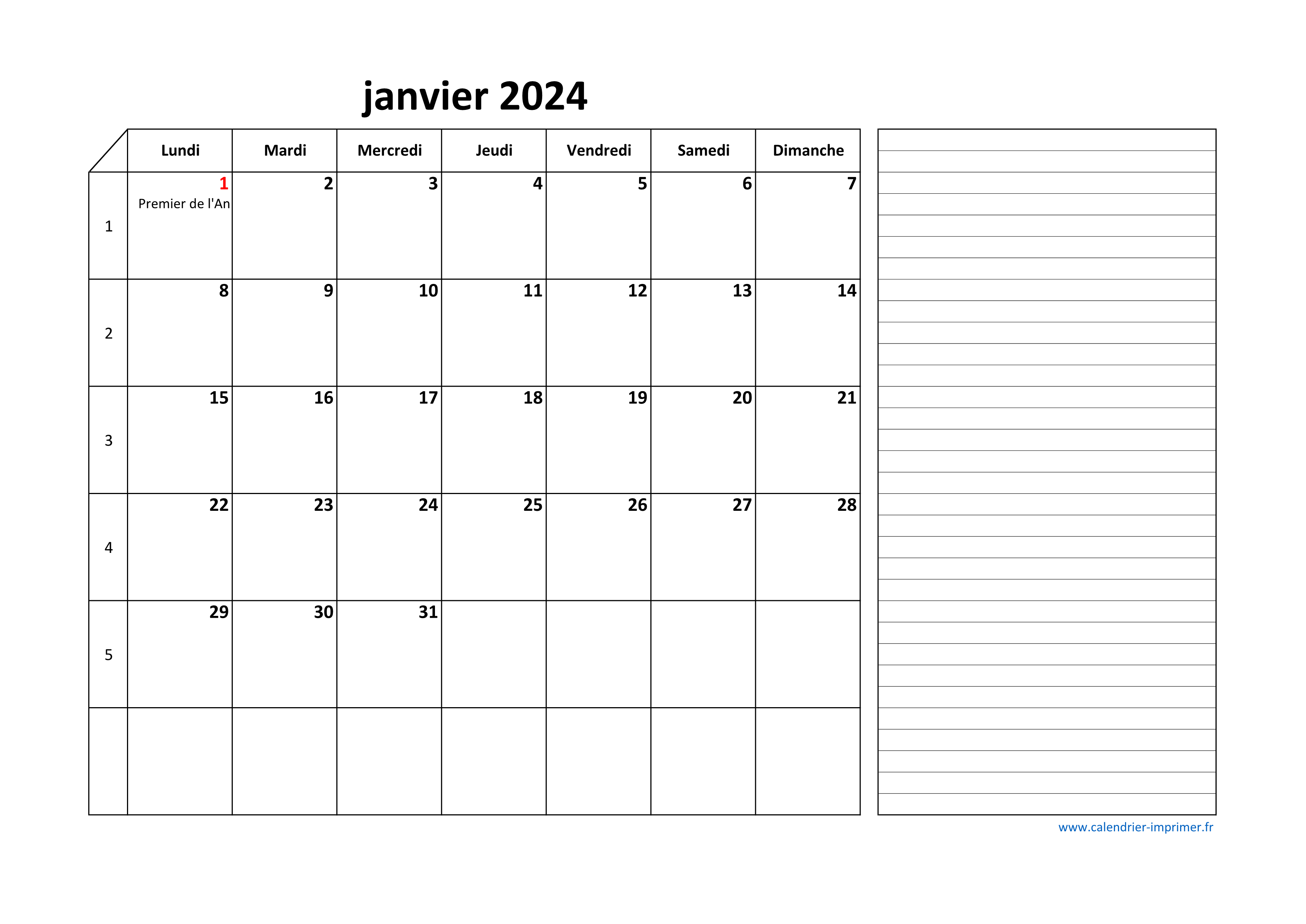 Calendrier Janvier 2024 à consulter ou imprimer 