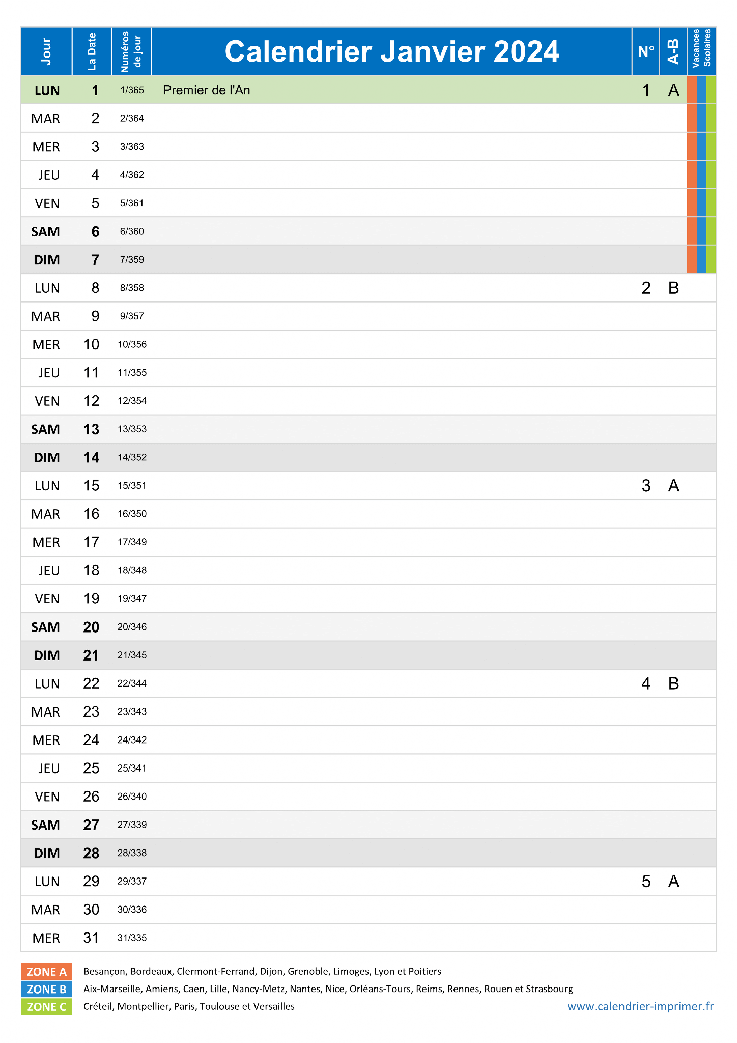 Calendrier 2024 à imprimer PDF et Excel