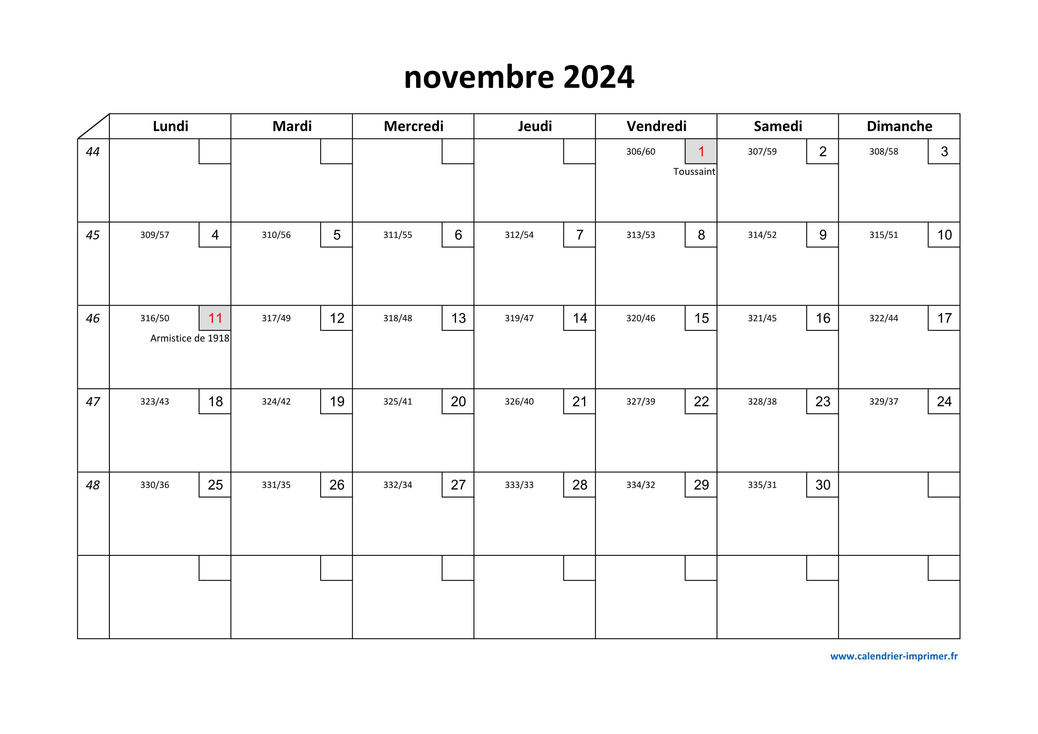 Calendrier Novembre 2024 à imprimer