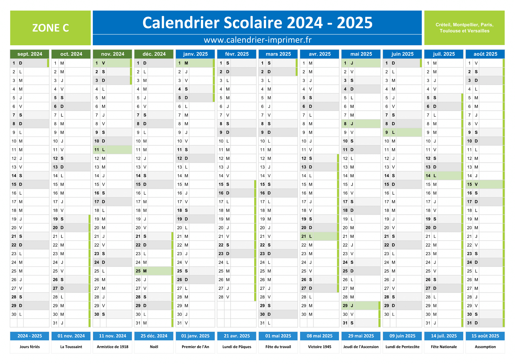 Calendrier Scolaire 2024-2025 à imprimer