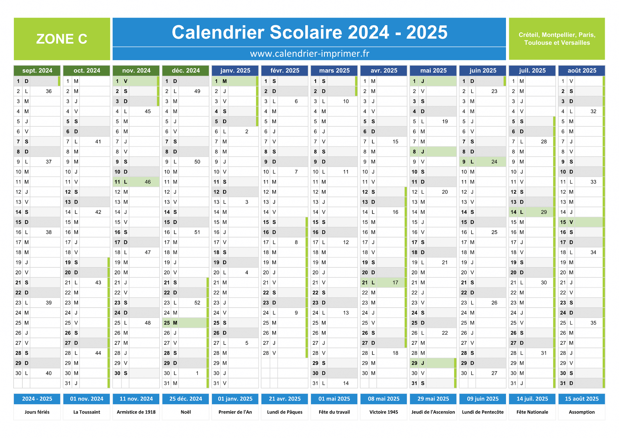 Calendrier Scolaire 2024-2025 à imprimer