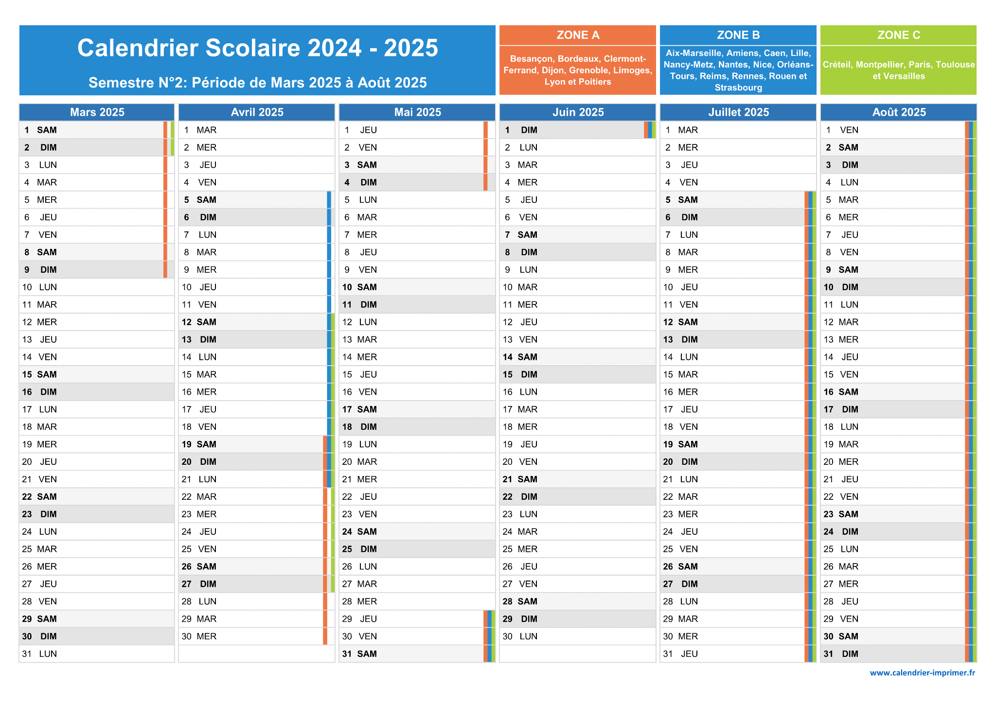 Calendrier du 1er semestre 2024 à imprimer