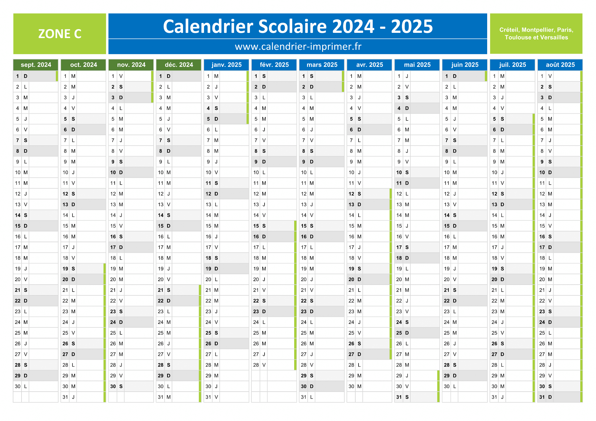 Calendrier 2023-2024 à imprimer avec vacances scolaires 3 zones
