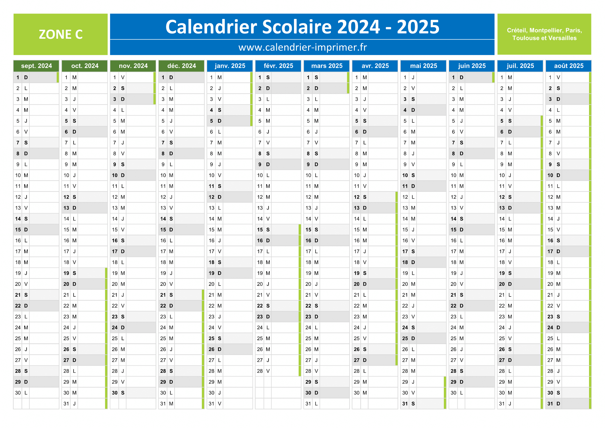 Vacances Scolaires 2024-2025 de la Zone C