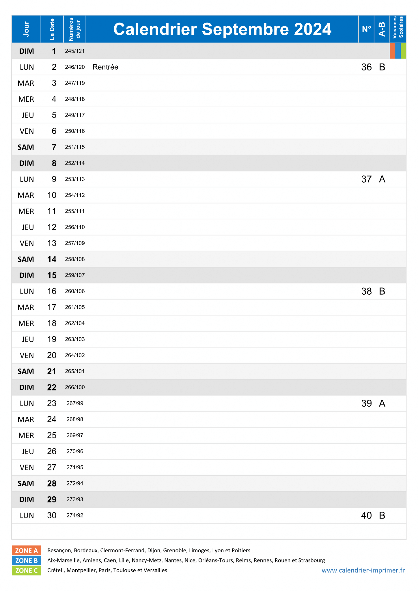 septembre 2024 calendrier imprimable