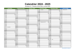Calendrier Août 2024 à Juillet 2025 Semestre