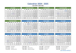 Calendrier Août 2024 à Juillet 2025 Vacances Horizontal