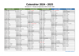 Calendrier Septembre 2024 à Août 2025 Semestre Fêtes