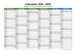 Calendrier Septembre 2024 à Août 2025 Semestre