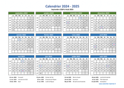 Calendrier Septembre 2024 à Août 2025 Vacances Horizontal