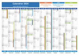Calendrier 2024 avec vacances, jours fériés, phase de la lune et numéros de semaine