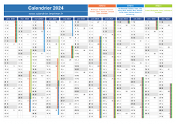 Calendrier 2024 avec vacances scolaires et numéros de semaine