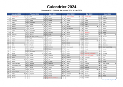 Calendrier 2024 par semestre avec fêtes