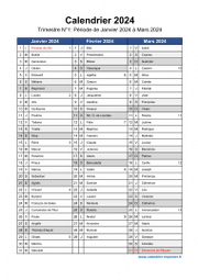 Calendrier 2024 par trimestre avec fêtes