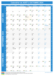 Calendrier scolaire pour Août à Octobre 2024 portrait 1