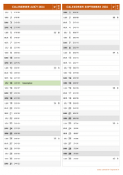 Calendrier pour les mois de Août et Septembre 2024 portrait 2