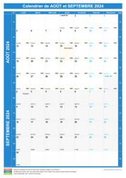 Calendrier scolaire pour Août et Septembre 2024 portrait 1