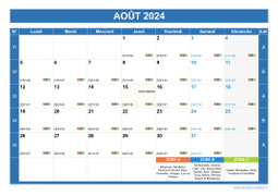 Calendrier aout 2024 paysage avec vacances, jours fériés et numéros de semaine