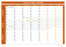Calendrier pour les mois de Avril à Juin 2024 paysage 1