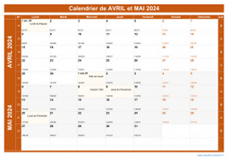 Calendrier pour les mois de Avril et Mai 2024 paysage 1