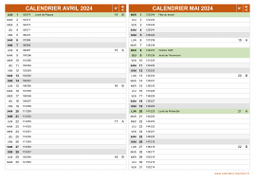 Calendrier pour les mois de Avril et Mai 2024 paysage 2