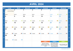 Calendrier avril 2024 paysage avec vacances, jours fériés et numéros de semaine