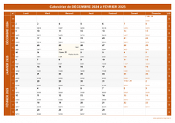 Calendrier pour les mois de Décembre 2024 à Février 2025 paysage 1