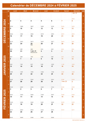 Calendrier pour les mois de Décembre 2024 à Février 2025 portrait 1