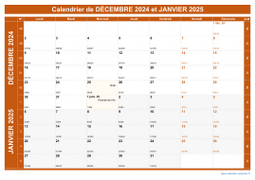 Calendrier pour les mois de Décembre 2024 et Janvier 2025 paysage 1