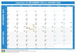 Calendrier scolaire pour Décembre 2024 et Janvier 2025 paysage 1