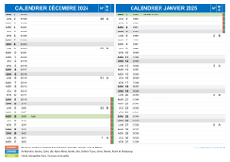 Calendrier scolaire pour Décembre 2024 et Janvier 2025 paysage 2