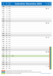 Calendrier decembre 2024 portrait avec vacances, jours fériés et numéros de semaine