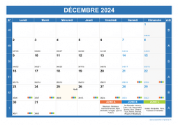 Calendrier decembre 2024 paysage avec vacances, jours fériés et numéros de semaine