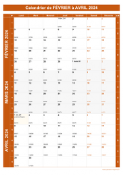 Calendrier pour les mois de Février à Avril 2024 portrait 1