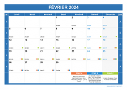 Calendrier fevrier 2024 paysage avec vacances, jours fériés et numéros de semaine