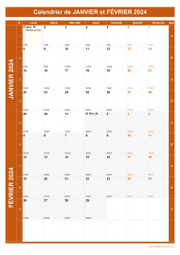 Calendrier pour les mois de Janvier et Février 2024 portrait 1