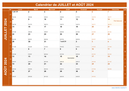 Calendrier pour les mois de Juillet et Août 2024 paysage 1